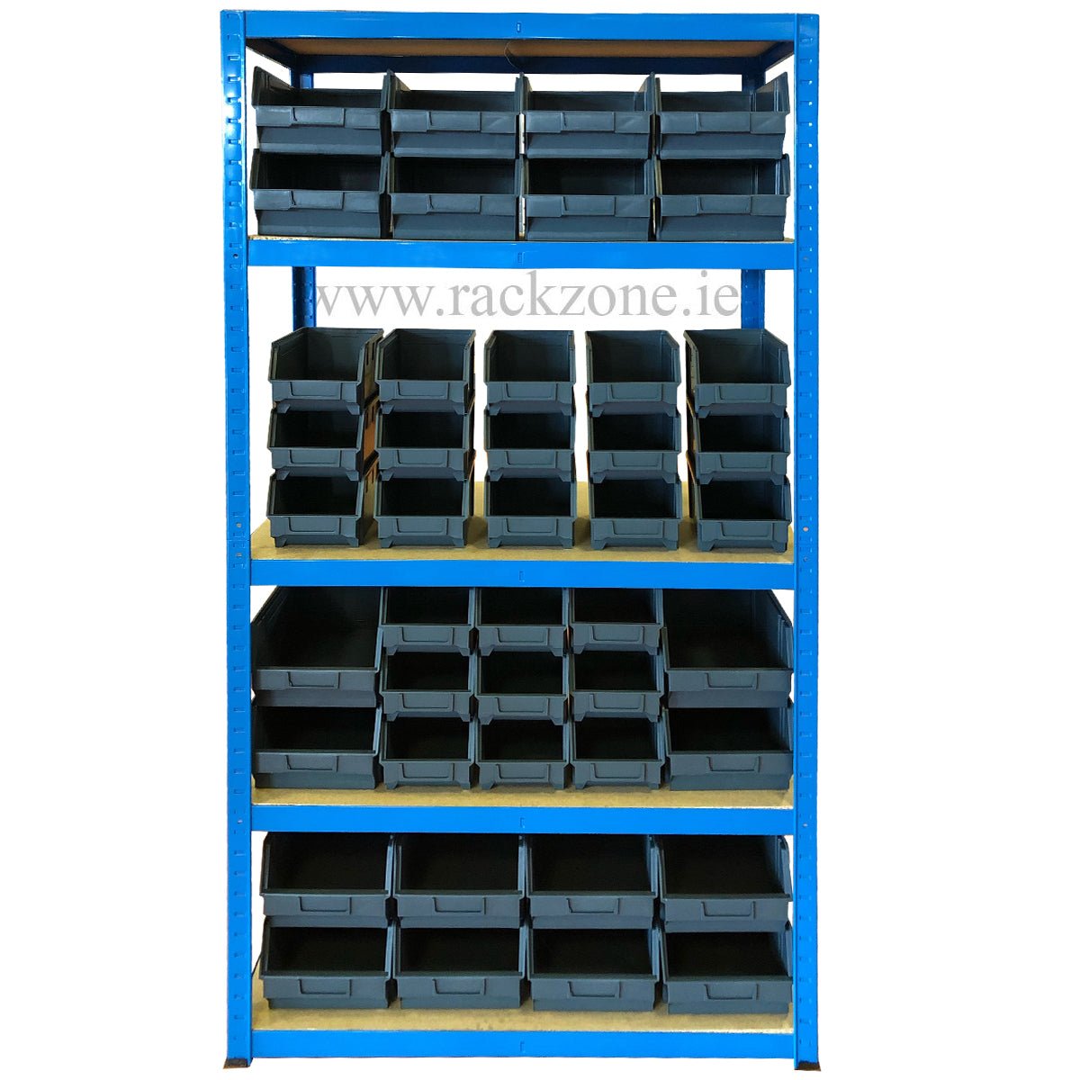 RackZone Value Shelving 175KG Grey with 45 storage bins for easy organization.