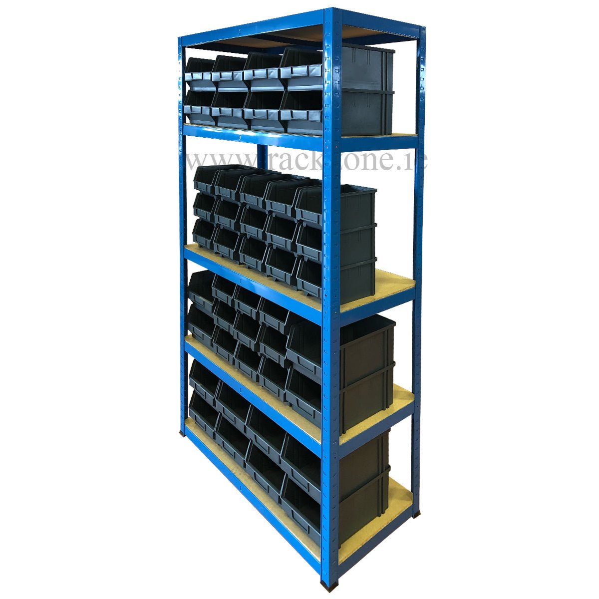 RackZone Value Shelving 175KG Grey with 45 storage bins, metal frame, wood shelves.