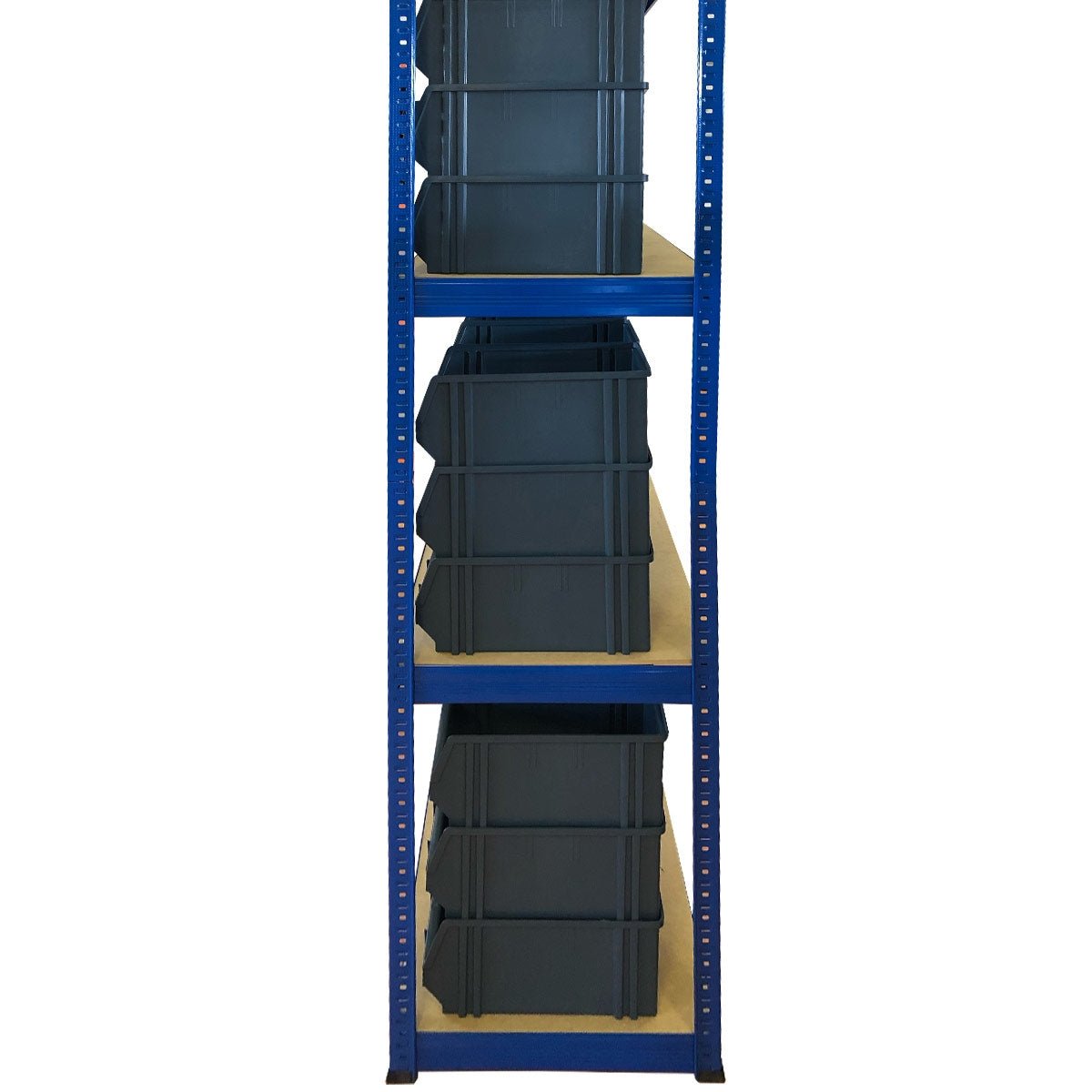 Three RackZone Value Shelving 300KG units with 63 gray storage bins stacked.