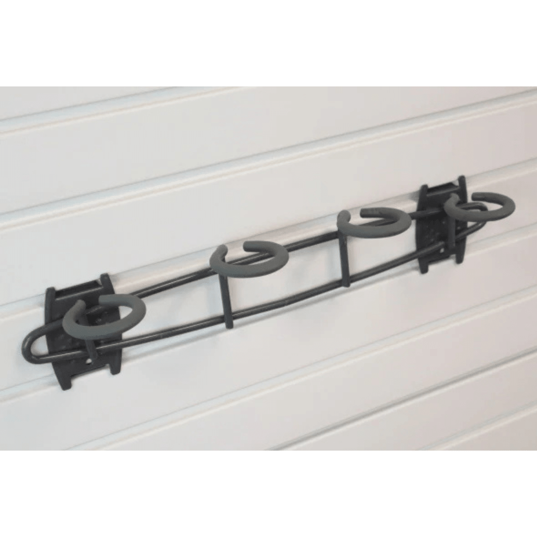 RackZone Slatwall Fish Hook: black wall rack with four gray rod holders.