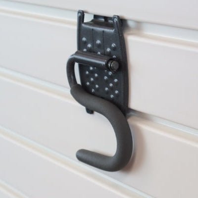 RackZone Slatwall Grip Hook mounted on a gray grooved wall.