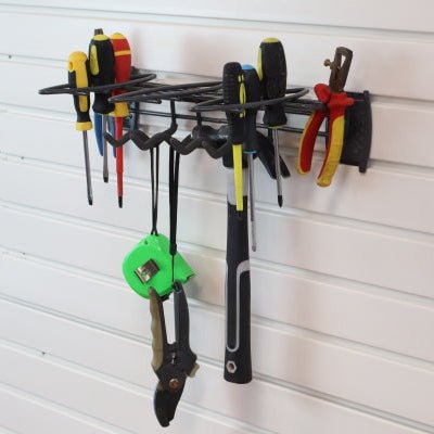 RackZone Slatwall Hand Tool Rack—ideal slatwall accessory for garden sheds.