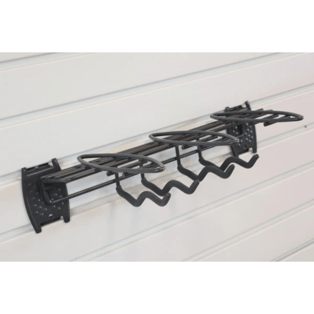 RackZone Slatwall Hand Tool Rack with 3 hooks for sheds or garages.
