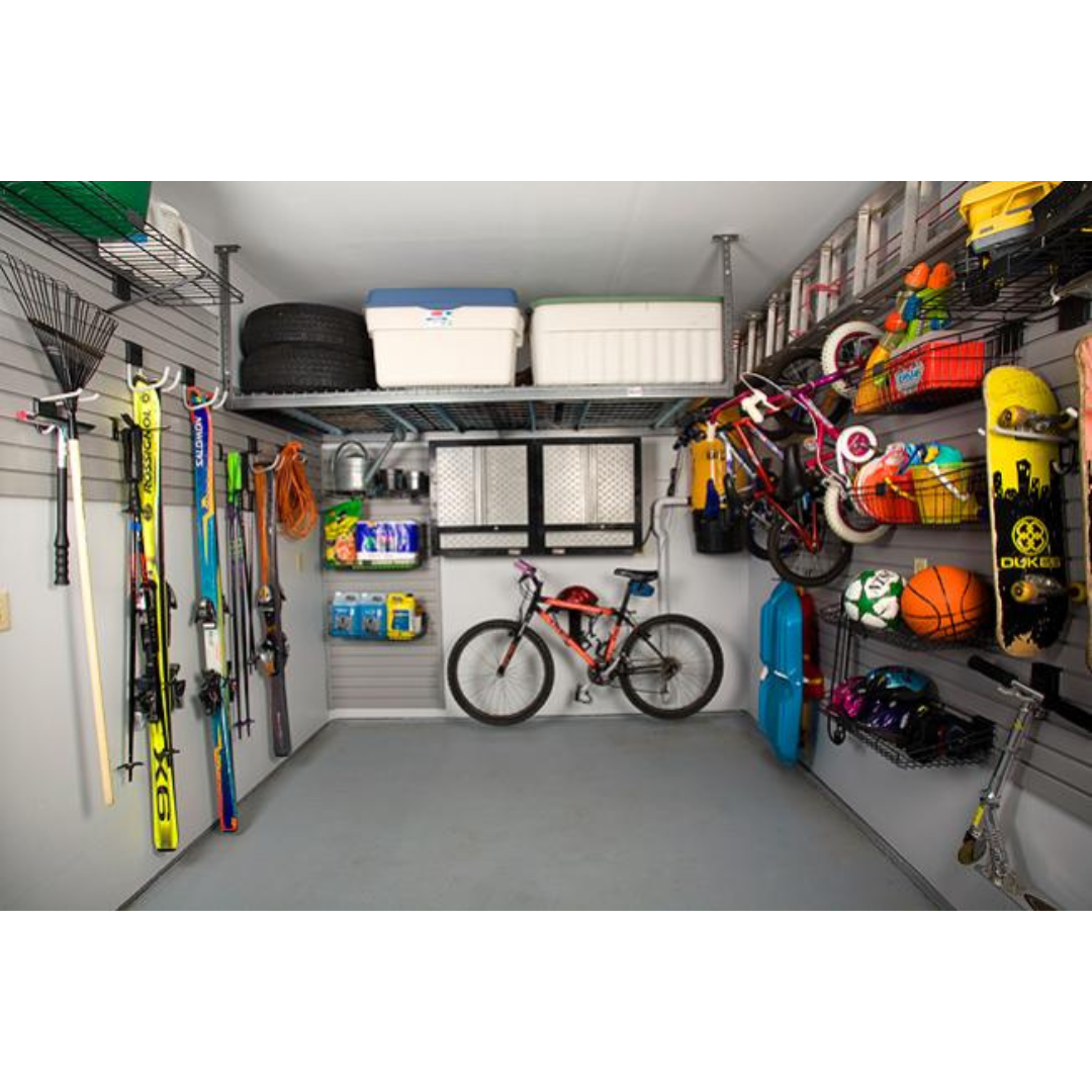 Tidy garage gear on RackZone Slatwall PVC Panels 1840x900mm, White.