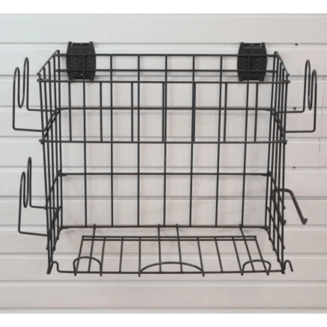 RackZone Slatwall Sports Rack holds gear with side hooks for easy storage.