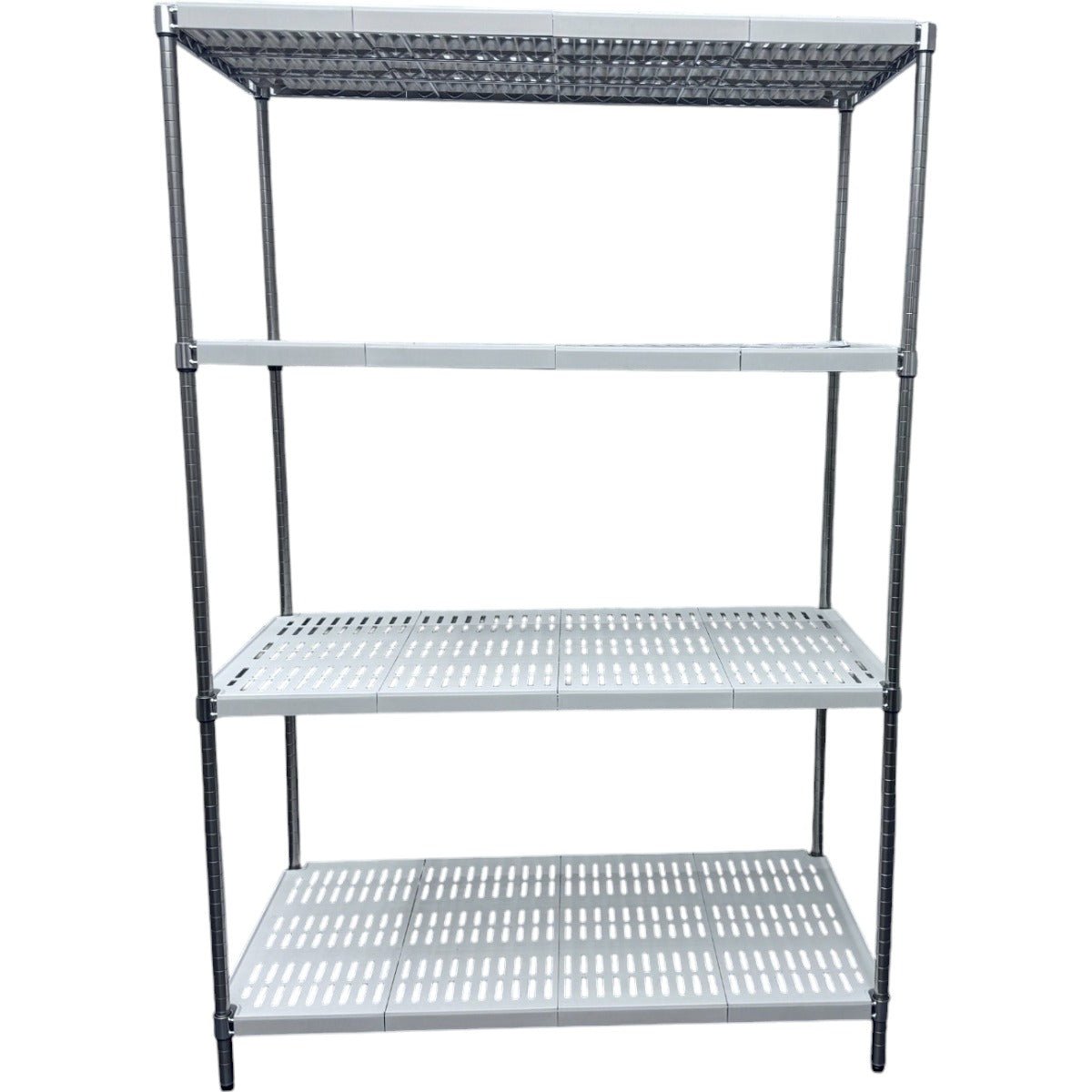 RackZone Stainless Plastic Shelving, 4 Level, 1820H x 1210W x 610D, front view.