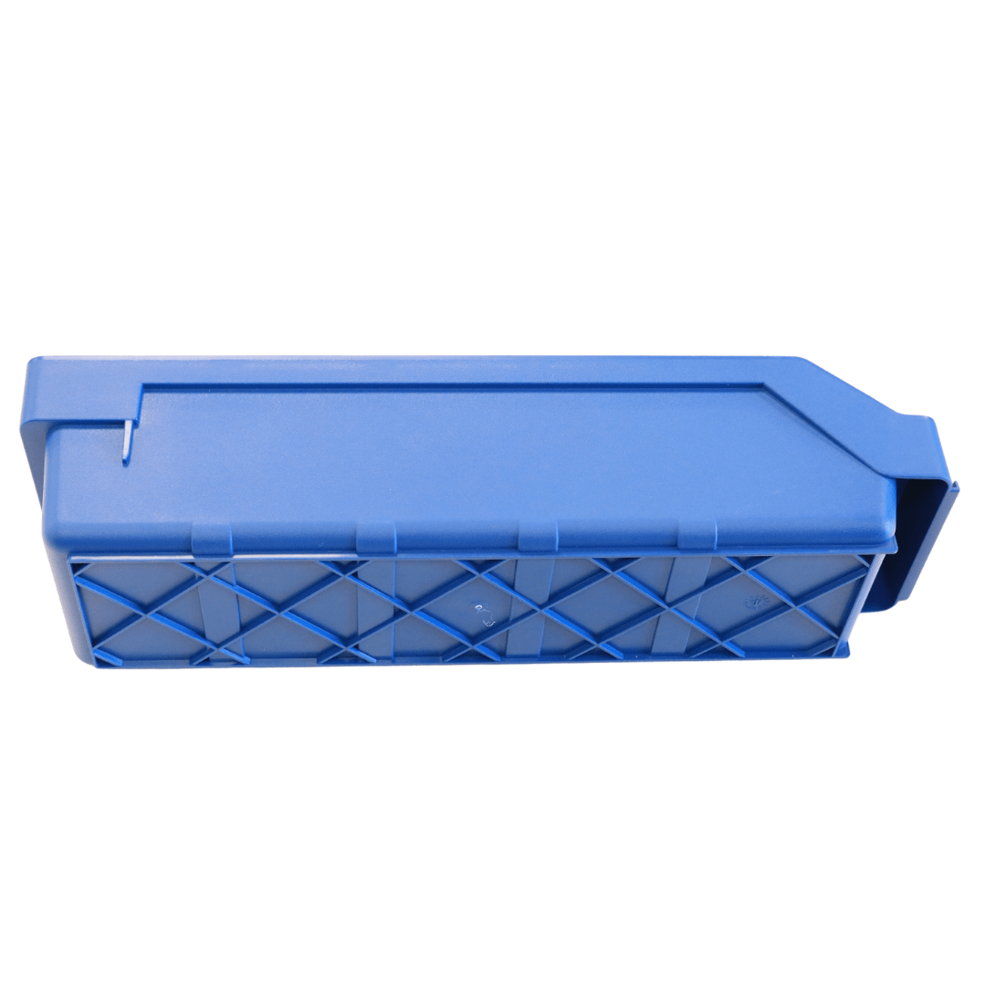 RackZone Standard Shelf Bin 400d x 113w x 85h, blue plastic with grid pattern.