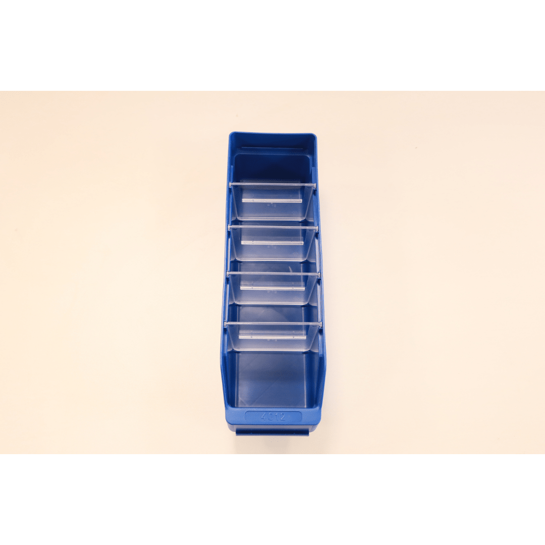 RackZone Standard Shelf Bin 400d x113w x85h, blue with six clear dividers, top view.