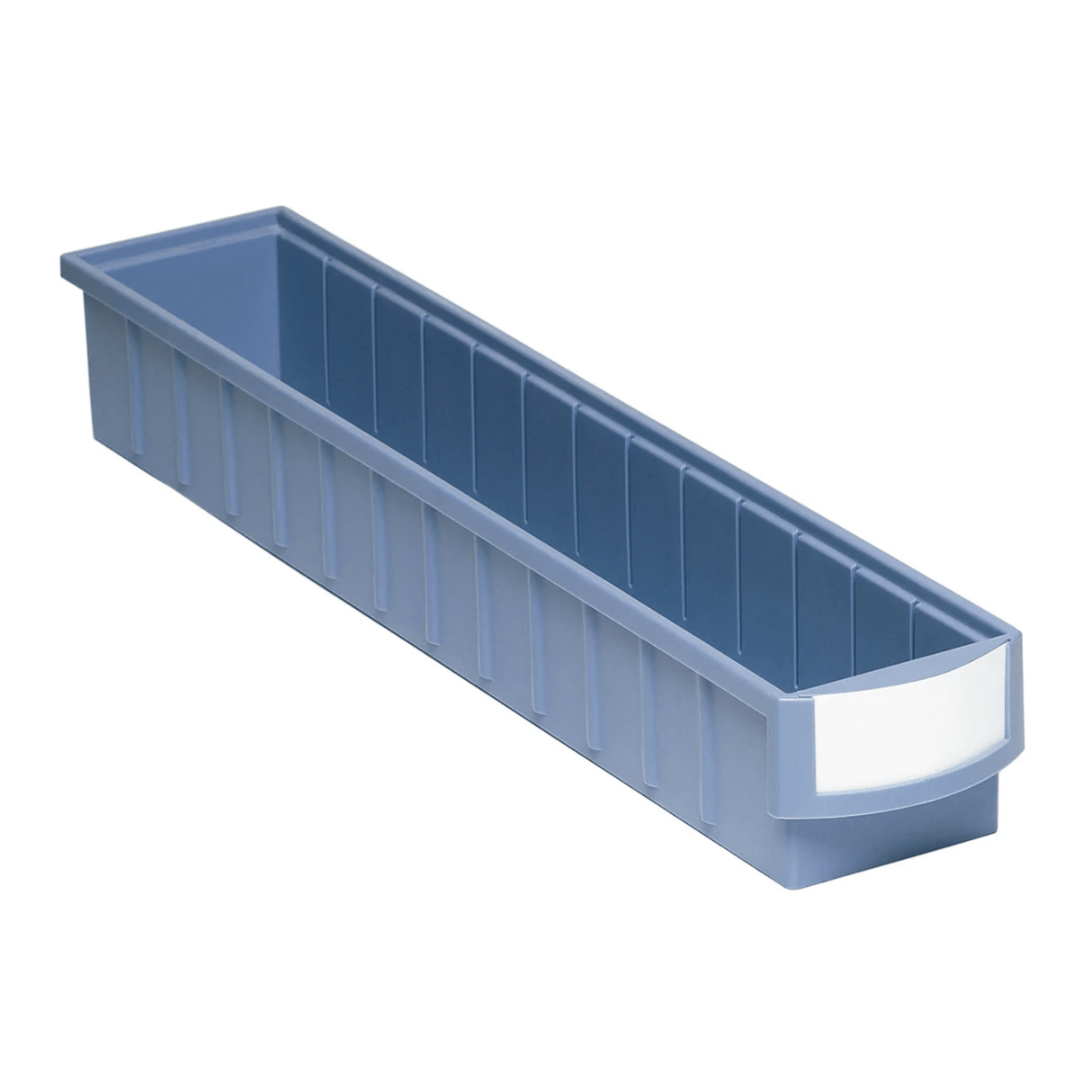 RackZone Standard Shelf Bin 600d x 113w x 85h, blue with nonslip base and label.