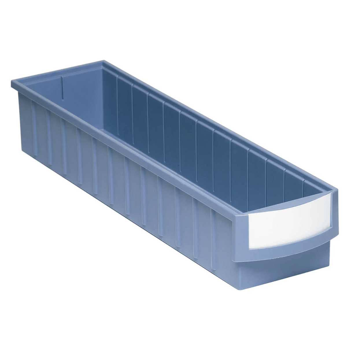 RackZone Standard Shelf Bin, blue plastic with white label, ergonomic design.