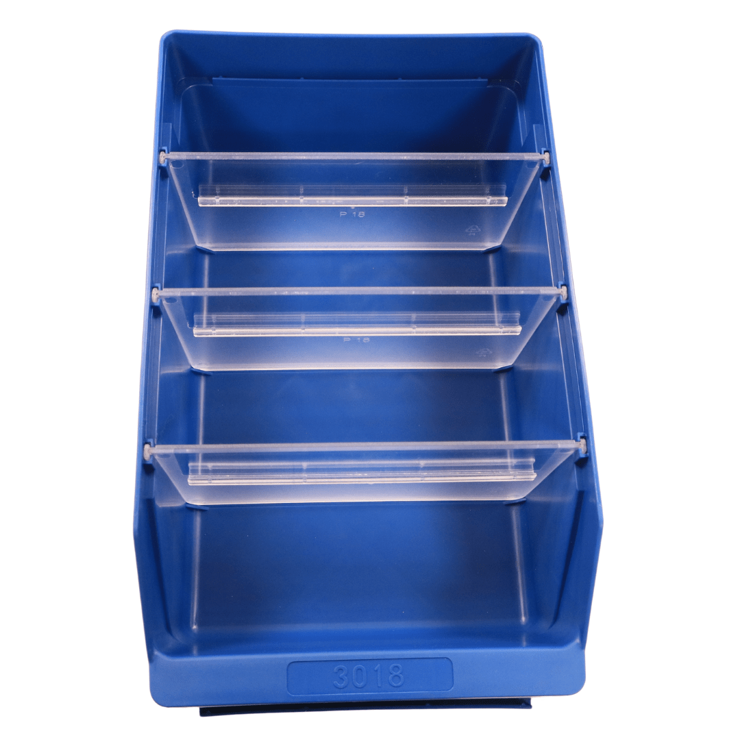 RackZone Standard Shelf Bin ST3018 blue with 3 dividers, top view.