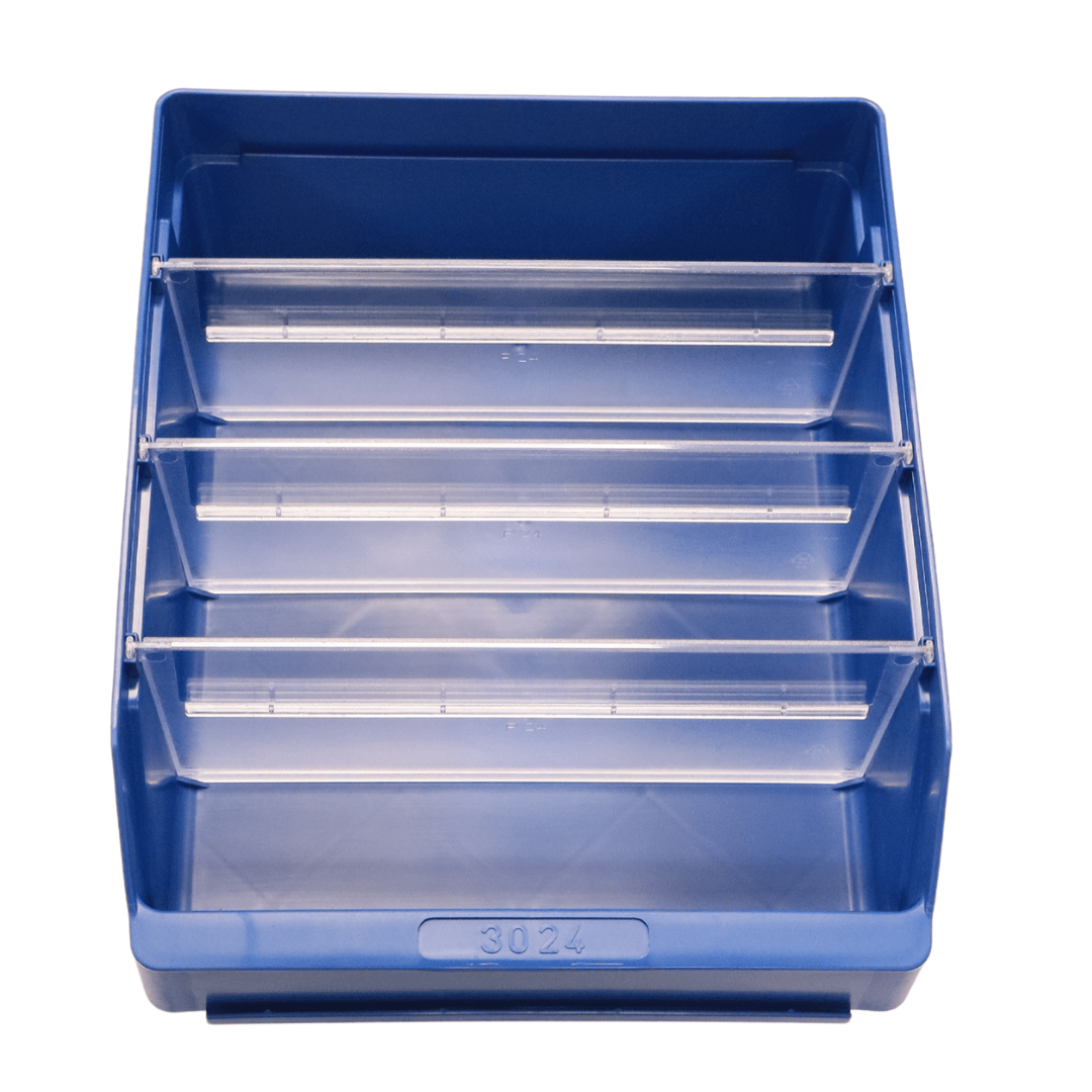 RackZone Standard Shelf Bin ST3024 Blue, 300x240x95mm, with four dividers.