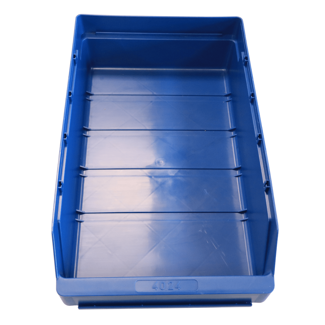 RackZone Standard Shelf Bin 400d x 240w x 95h Blue ST4024 with raised sides.