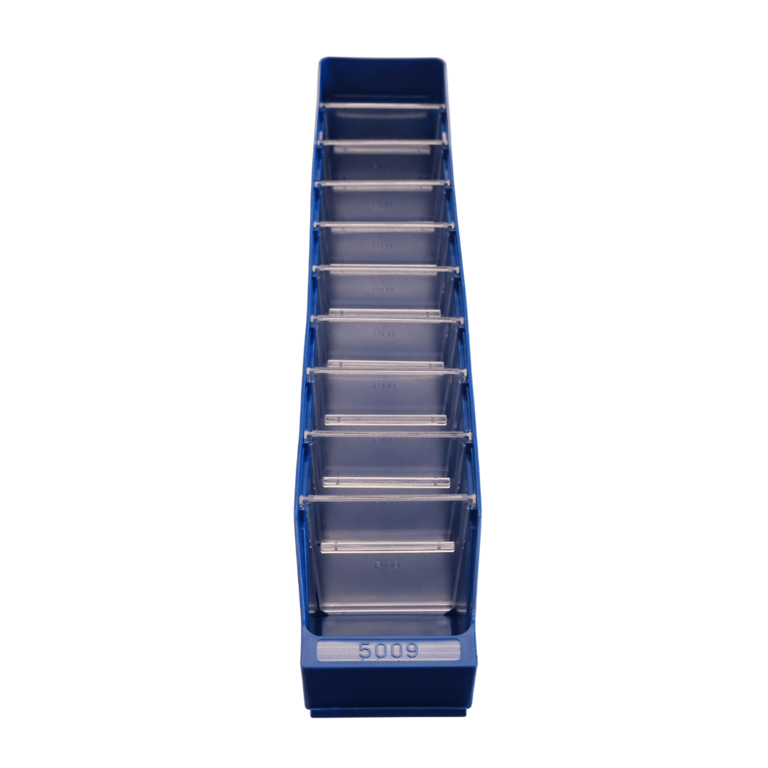 A blue RackZone ST5009 bin with 10 clear compartments for modular storage.