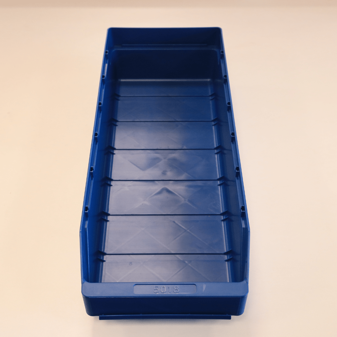 RackZone Standard Shelf Bin ST5018, 500x180x95mm, blue polypropylene, top view.