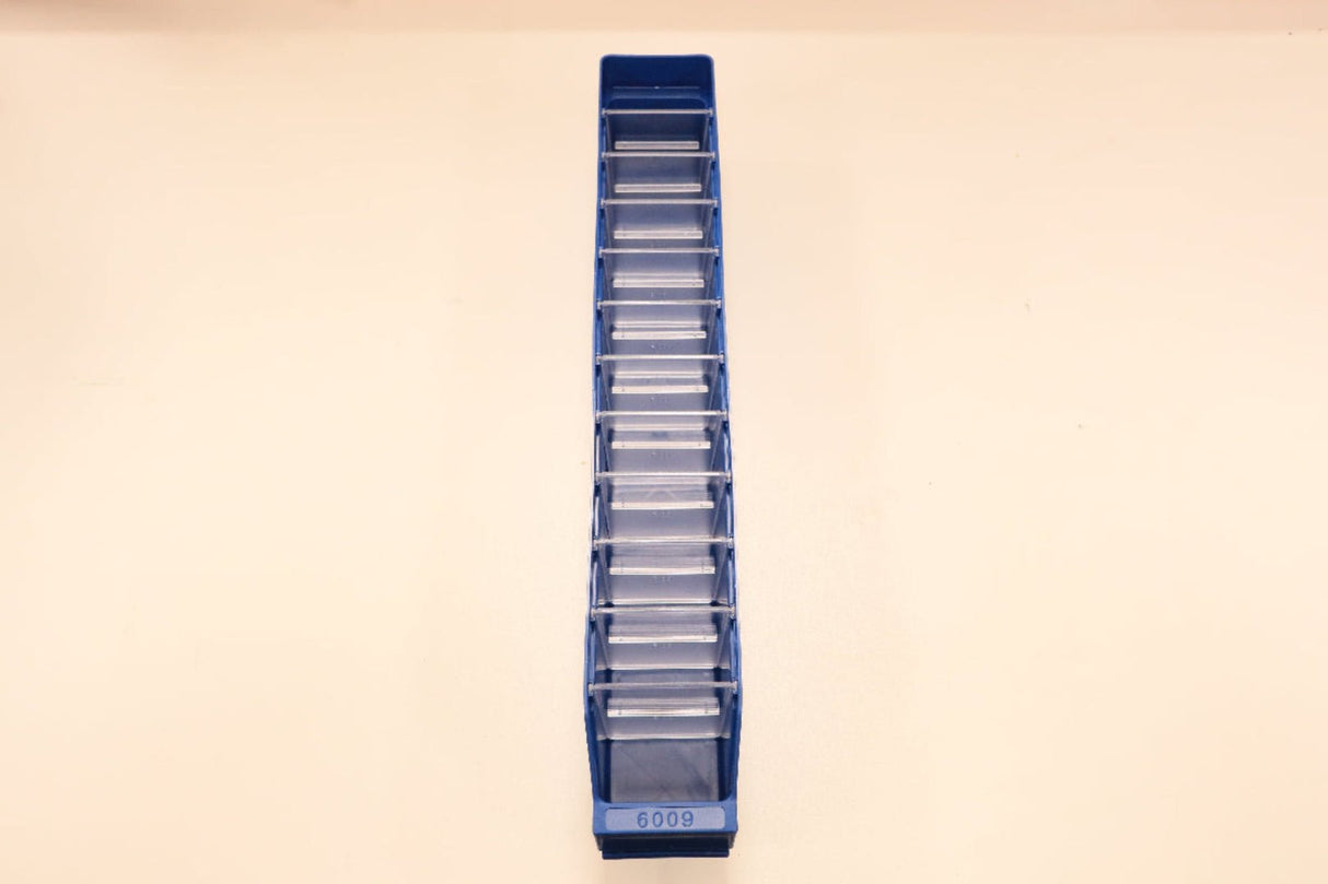 RackZone Standard Shelf Bin ST6009, blue, 600x90x95mm with 12 clear compartments.