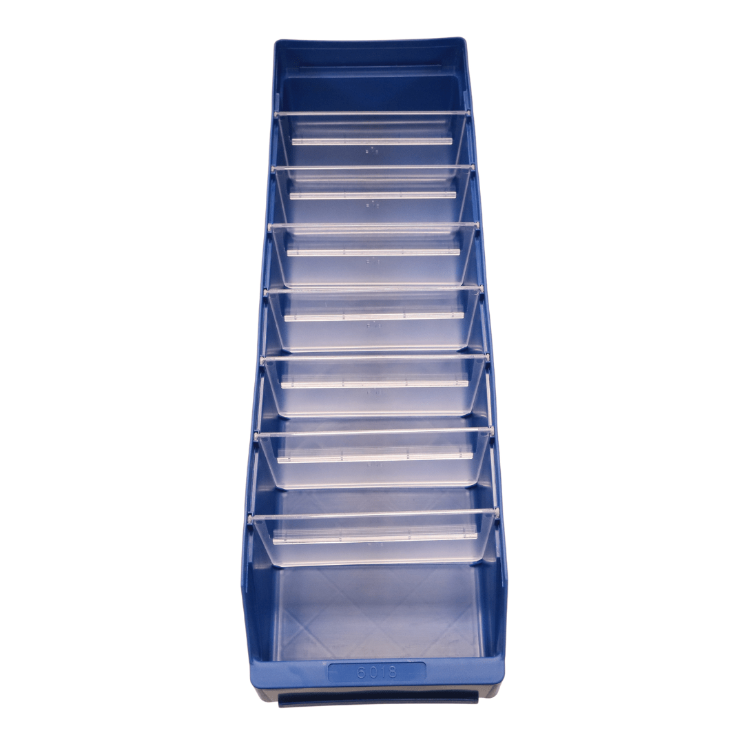 RackZone Standard Shelf Bin ST6018, blue, 600x180x95mm, top view with dividers.