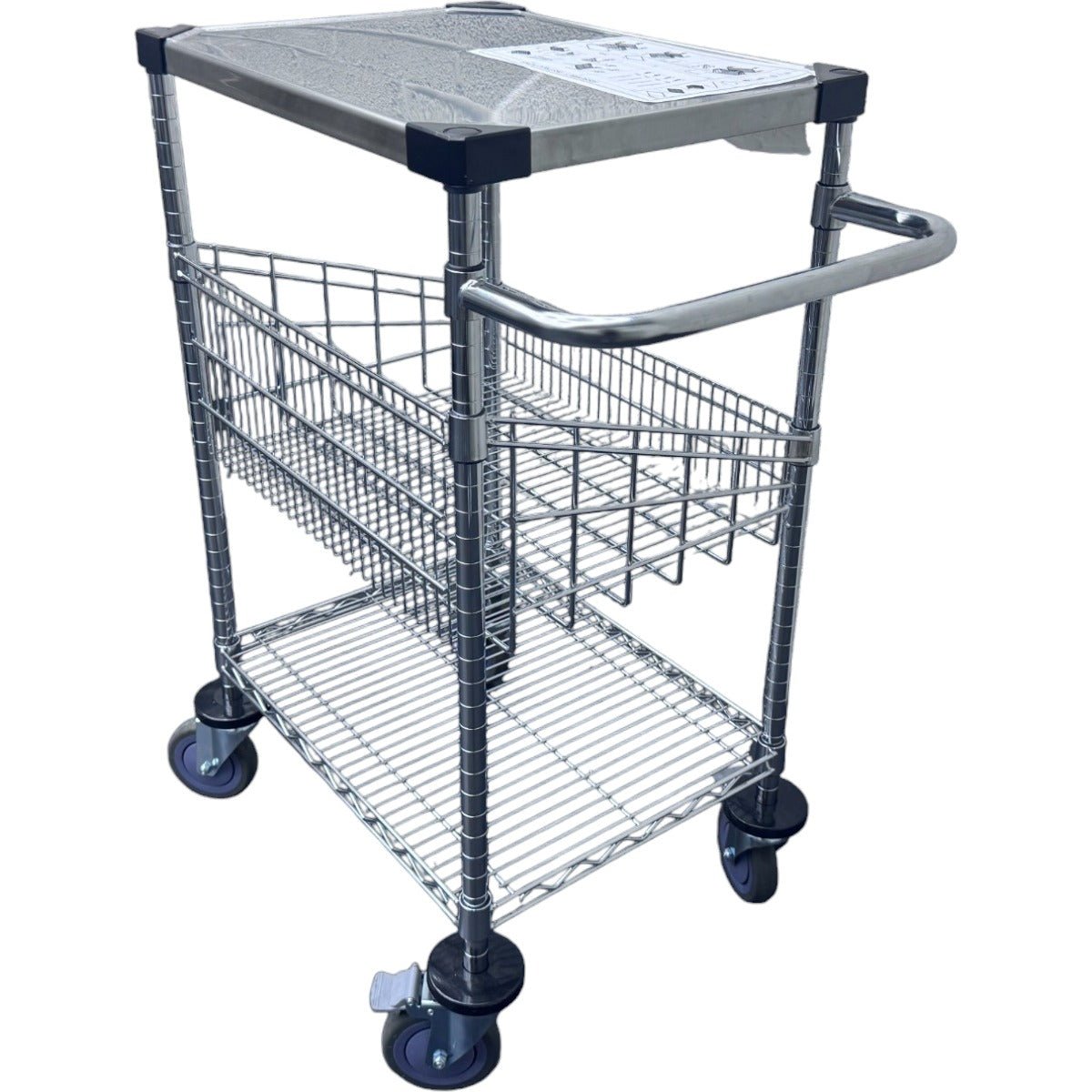 RackZone Stainless Steel 3-Tier Trolley with wire baskets and wheels.