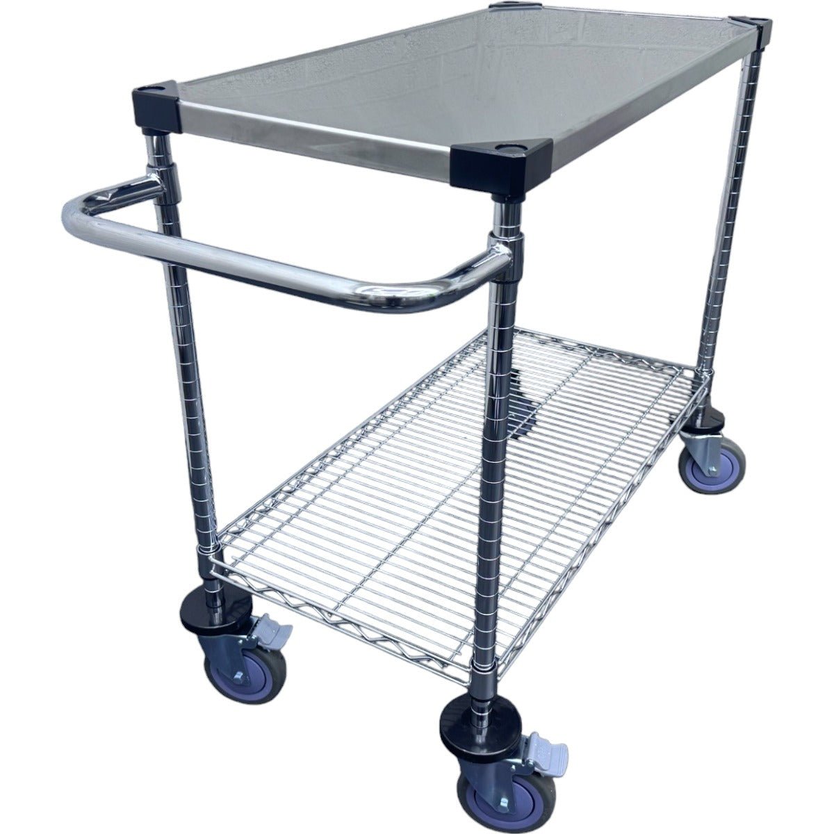 RackZone 2-tier Stainless Steel Trolley 820Hx1060Wx460D with locking wheels.