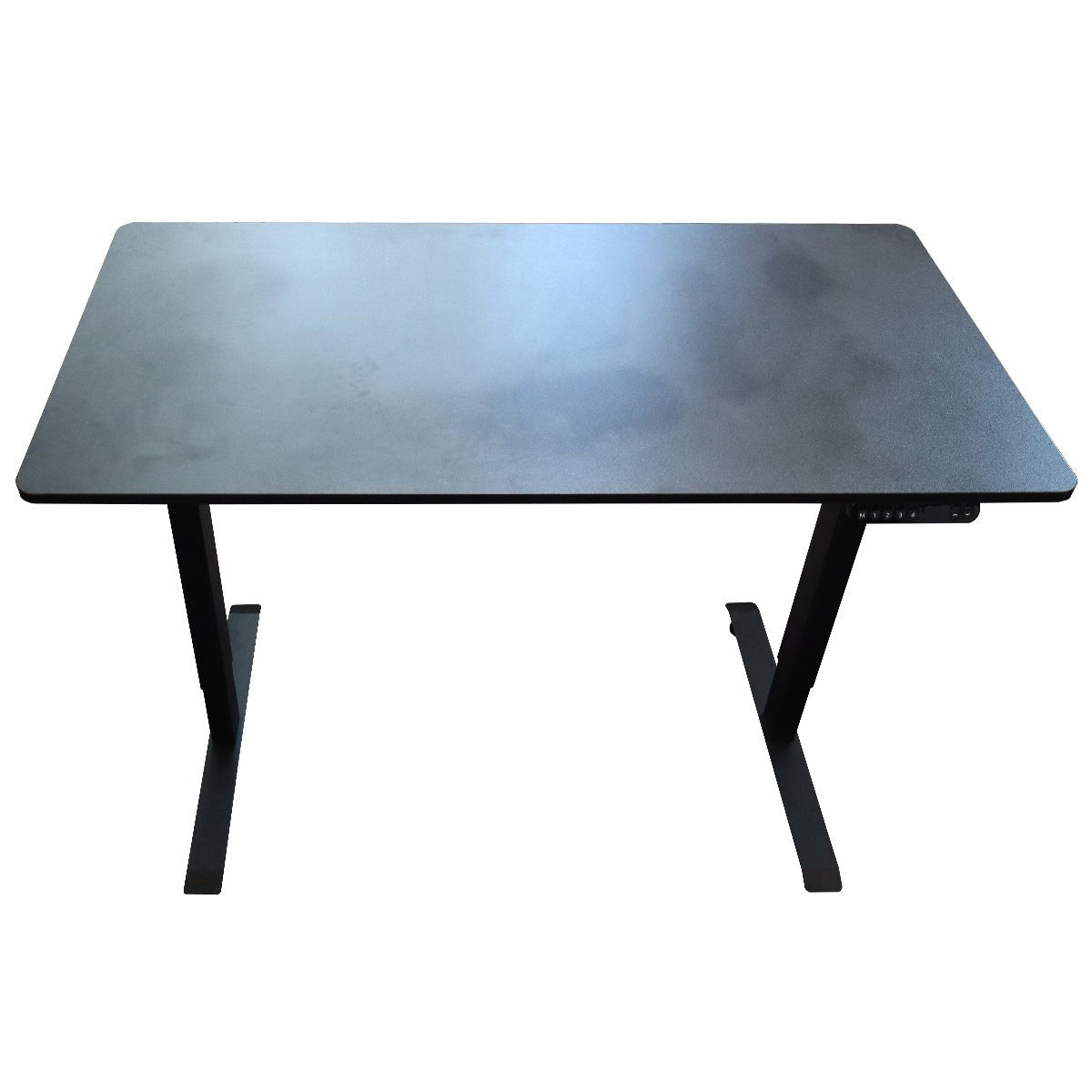 RackZone black single-motor sit-stand desk with height-adjustable tabletop.