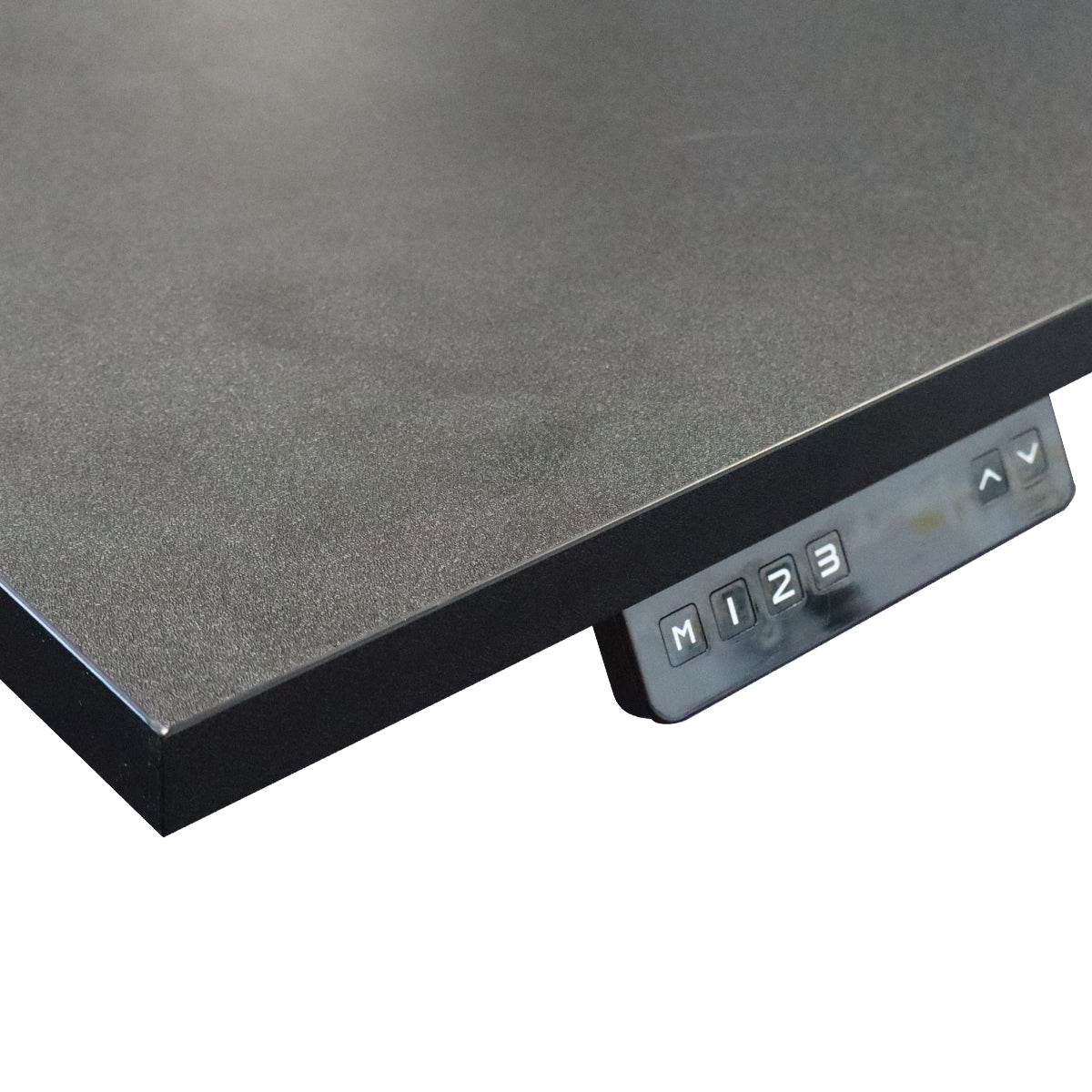 Close-up of RackZone L-Shaped Sit-Stand Office Desk with electric controls.