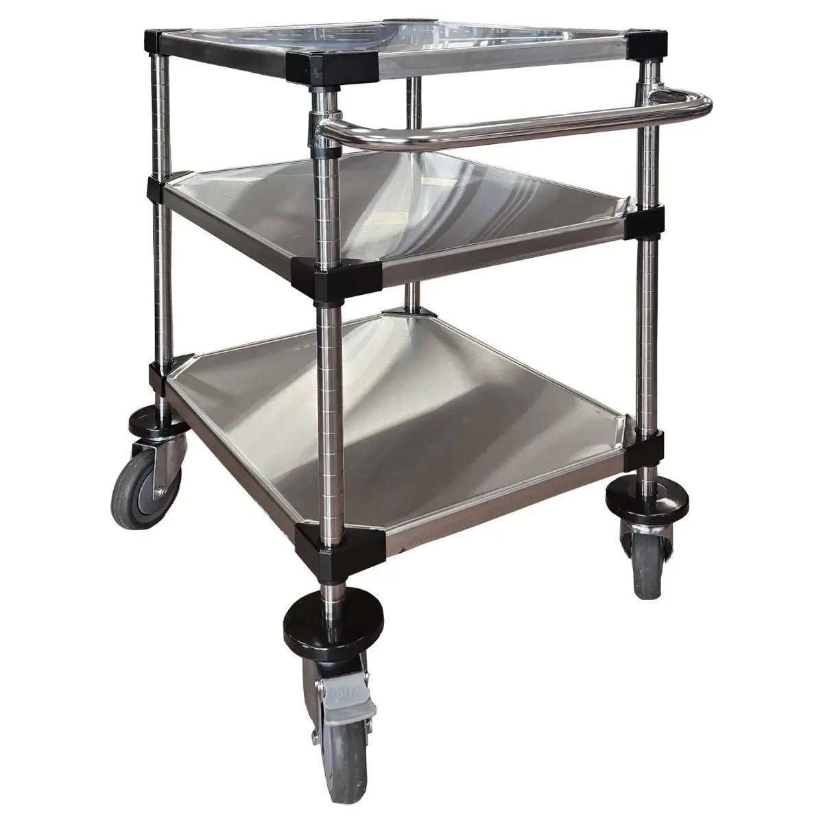 RackZone 3-tier stainless steel trolley 790H x 770W x 460D with wheels.