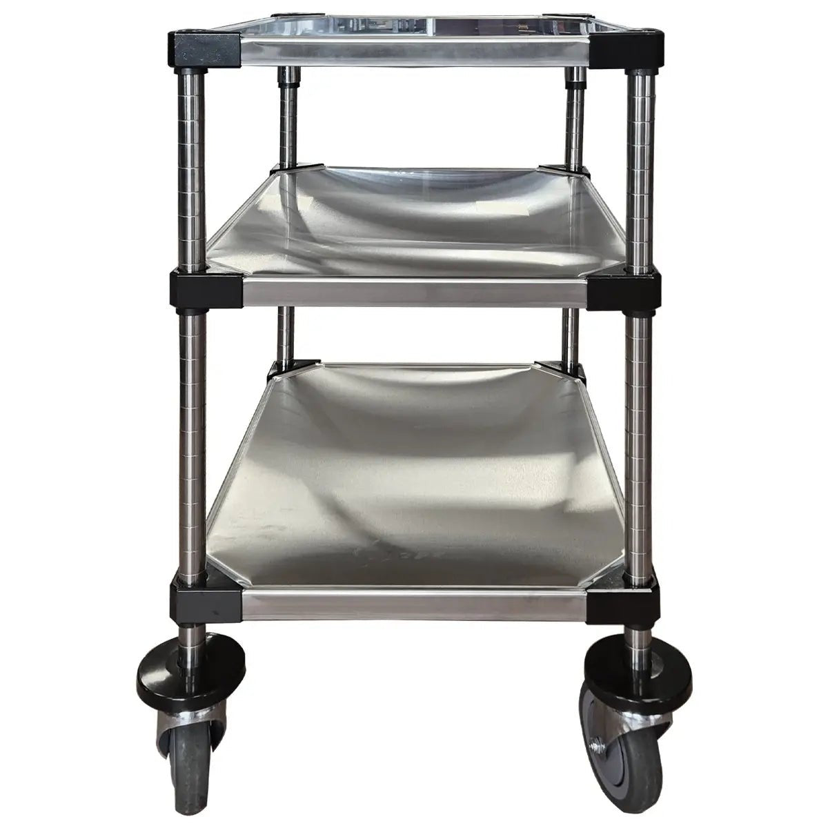 RackZone 3 Tier Stainless Steel Trolley 790H x 770W x 460D, front view.