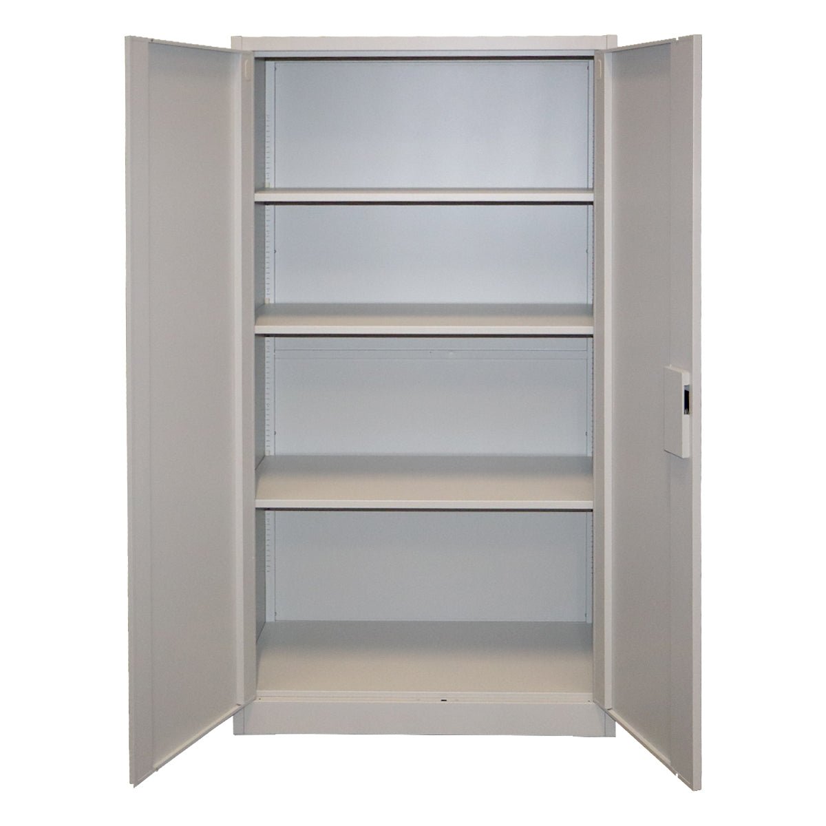 RackZone Premium Two Door Storage Cabinet Grey with open doors and 4 shelves.