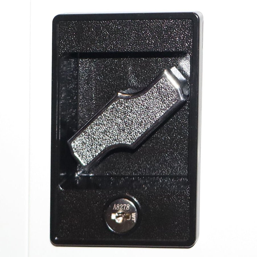 Close-up of RackZone’s Premium Two Door Storage Cabinet Grey on black panel.