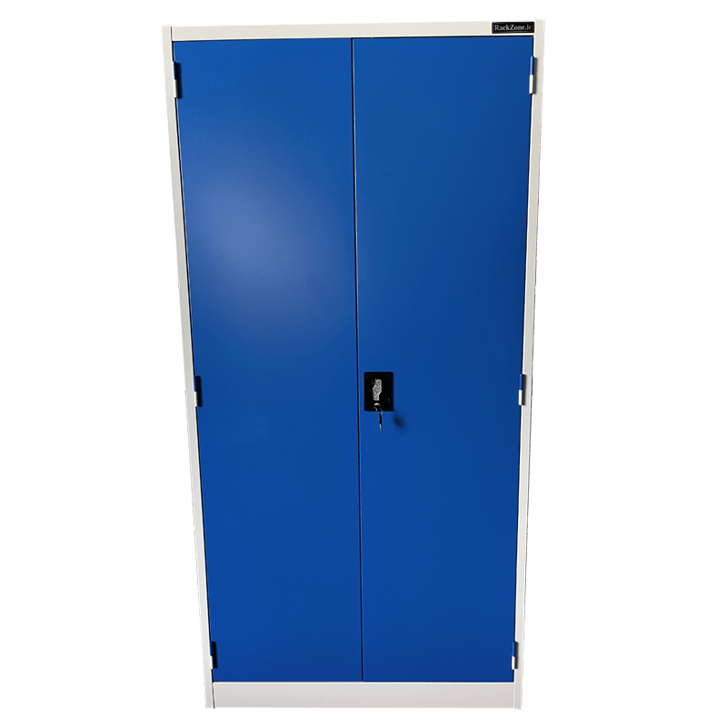 RackZone Wall-Zone grey/blue steel cabinet with lockable black handle.