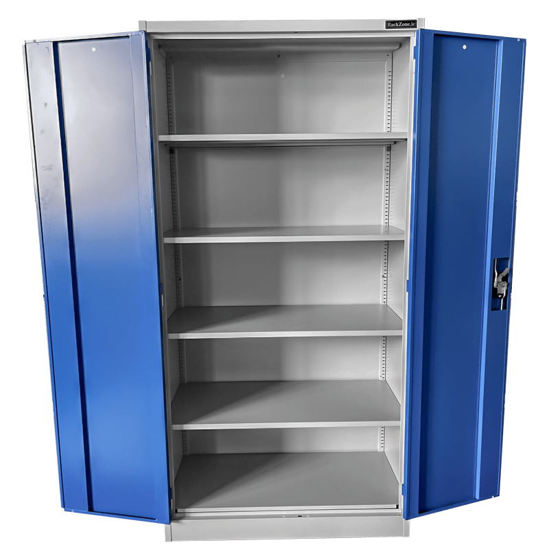RackZone Two Door Storage Cabinet with blue locking doors and adjustable shelves.