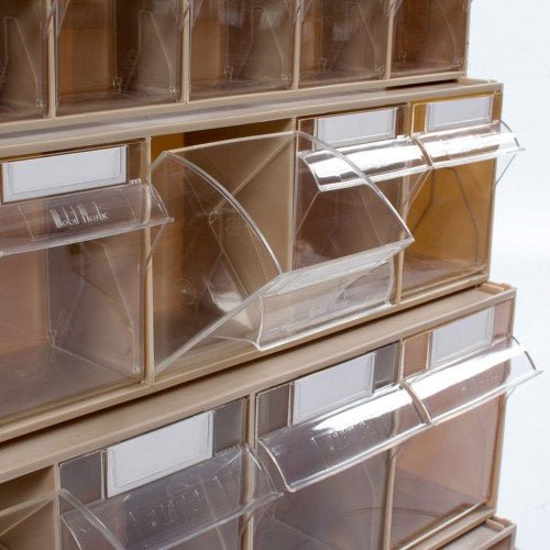 RackZone Tilt Bin System 5 organizer with hinged lids on beige shelving unit.