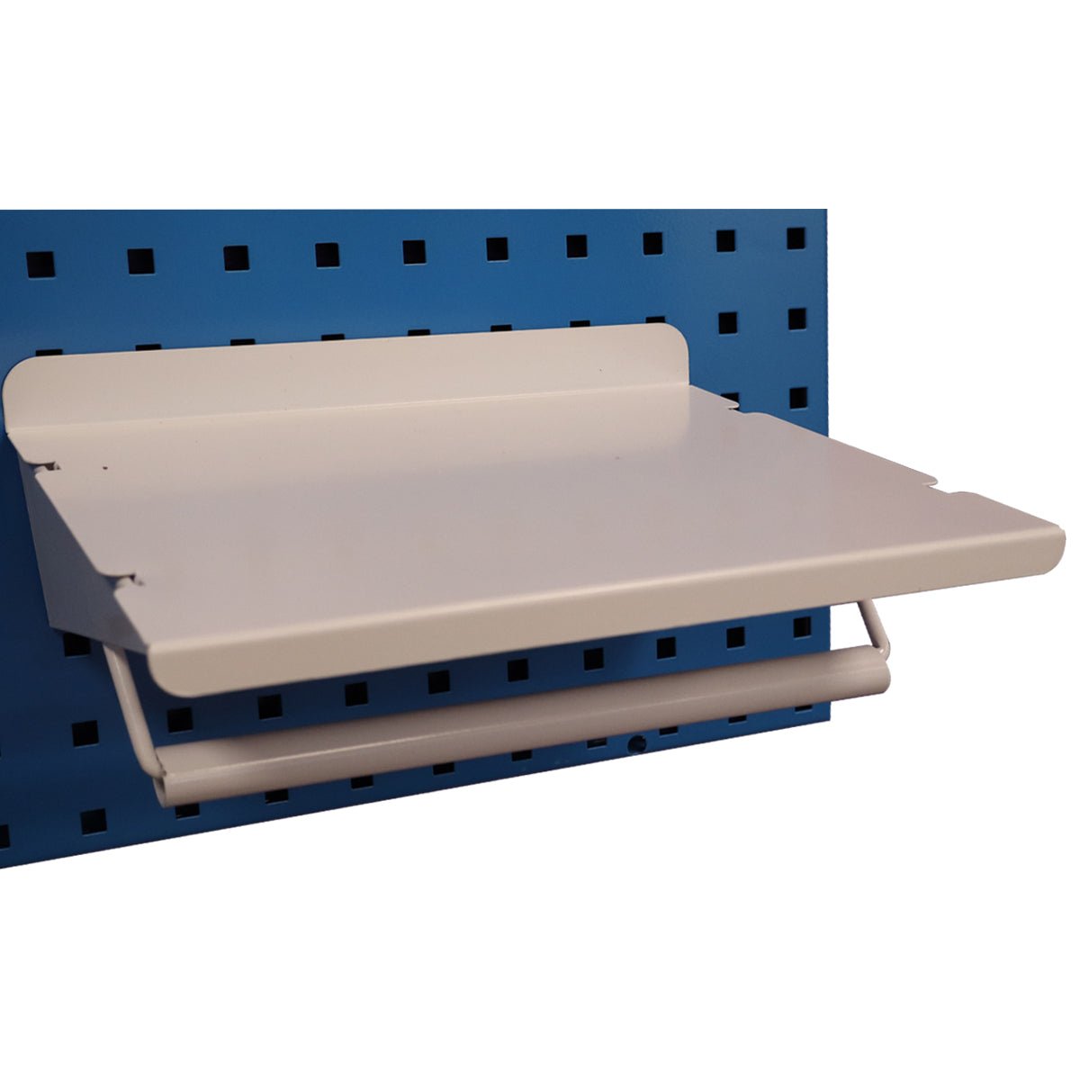 RackZone Wall-Zone Paper Towel Holder with Shelf on blue perforated board.