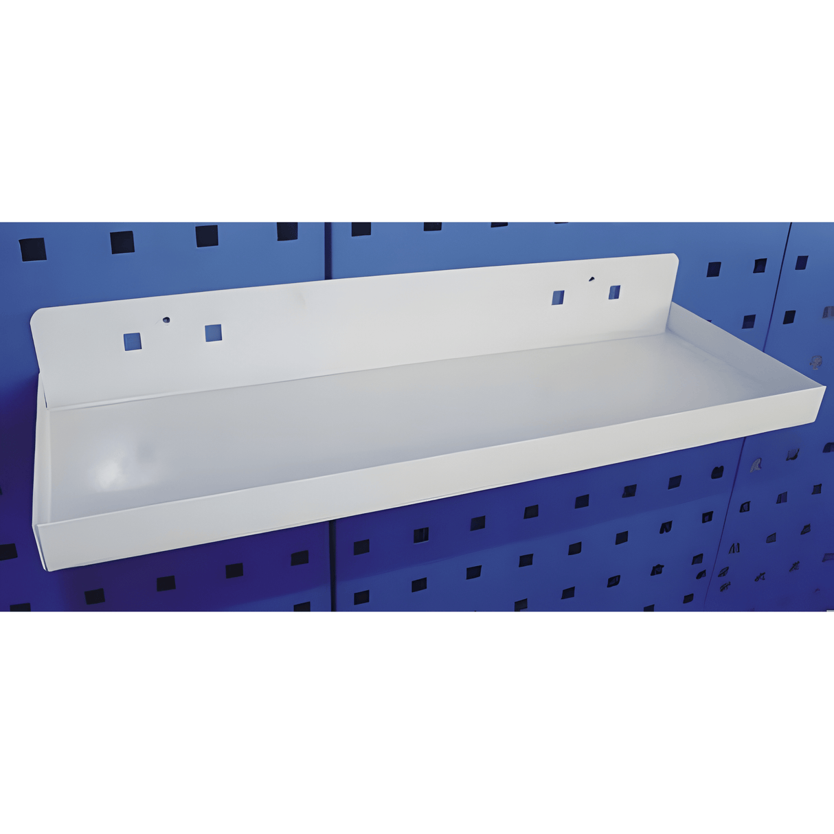 RackZone Wall-Zone Medium Shelf Bracket on blue perforated background.