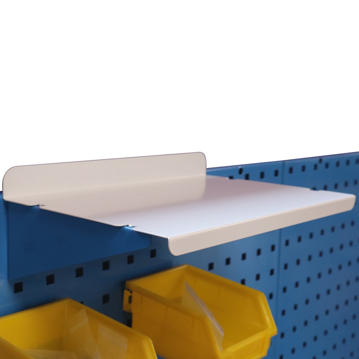 RackZone Wall-Zone Top Shelf above yellow storage bins on blue panel.