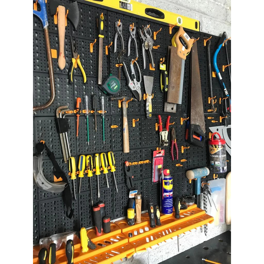 RackZone Wall Tool Organiser 500x500mm with 2 racks & 50 assorted hooks.
