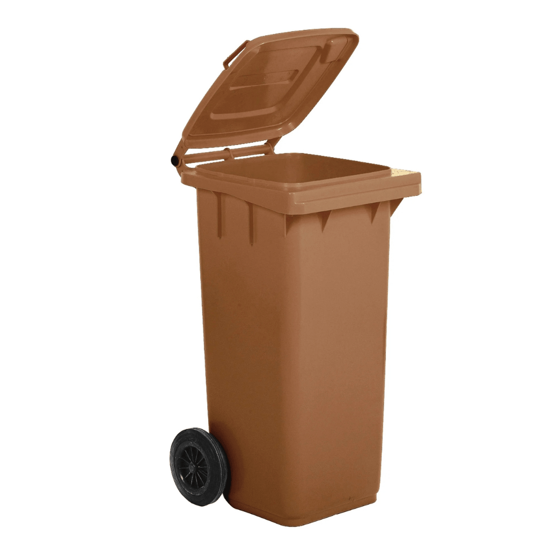 RackZone Wheelie Bin 120 Litre - Brown with open lid on white background.