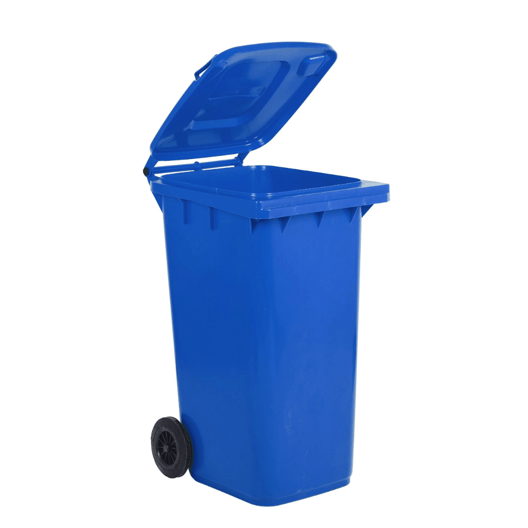 RackZone Wheelie Bin 240 Litre - Blue, shown with lid open.