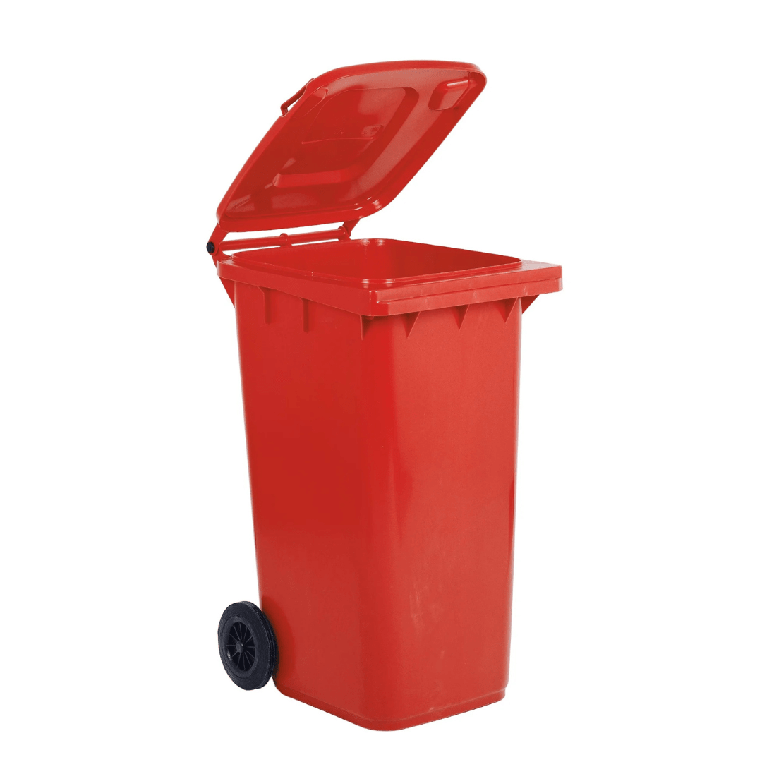 RackZone Wheelie Bin 240 Litre - Red, high-density polyethylene, lid open.