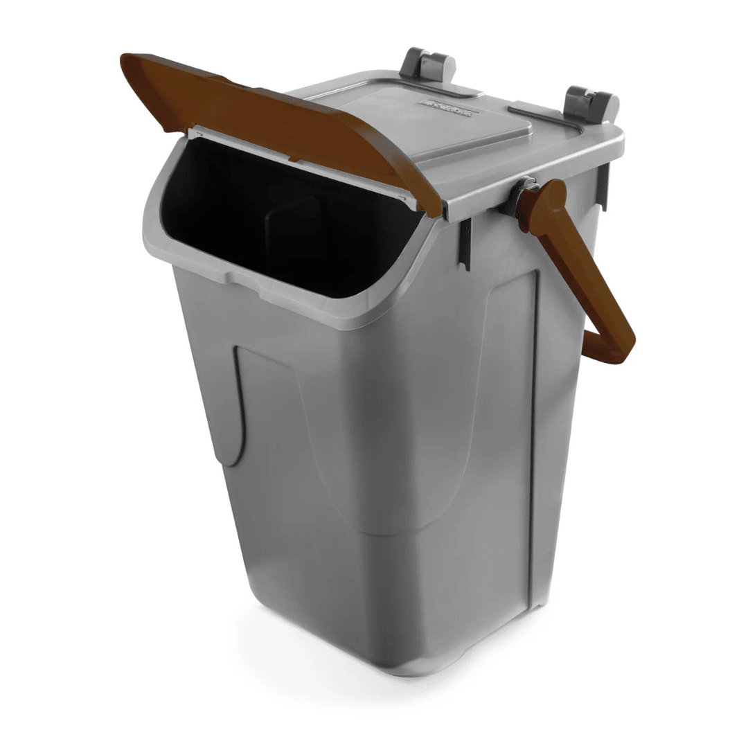 RackZone Waste Bin 35L - Brown Eco with side handles and a partially open lid.