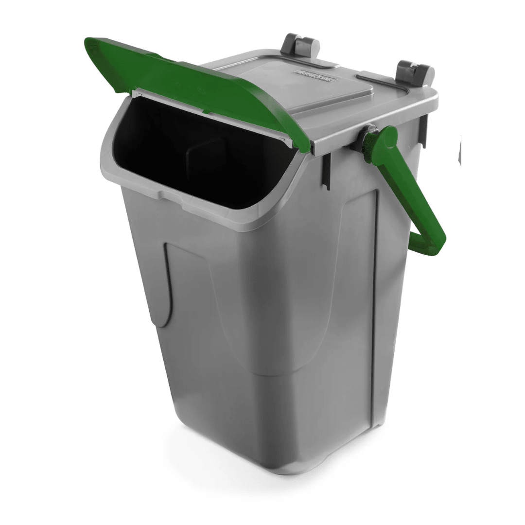 RackZone Waste Bin 35 Litre - Green Eco with side handles, shown partially open.