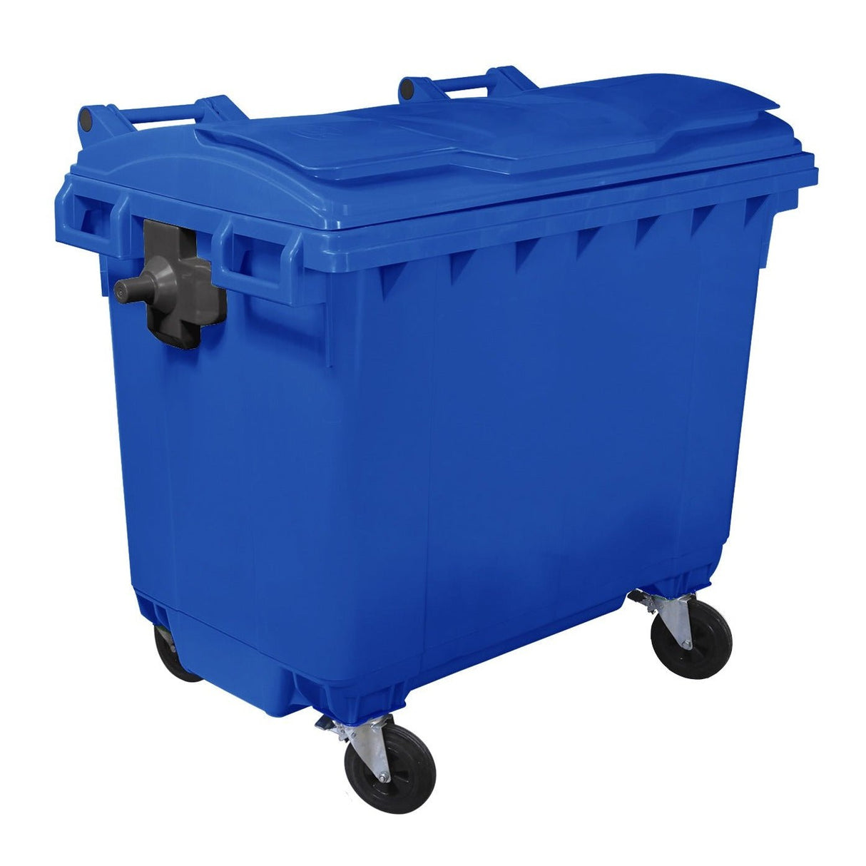 RackZone Wheelie Bin 660 Litre Blue with closed lid on wheels.
