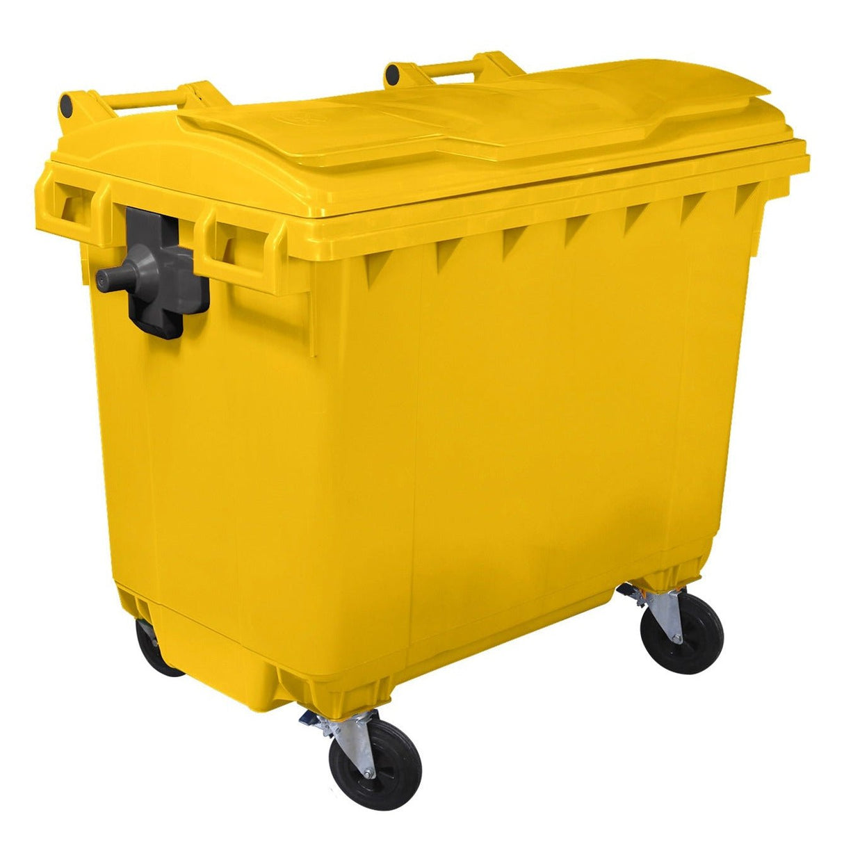 RackZone Wheelie Bin 660 Litre Yellow with wheels and a secure closed lid.