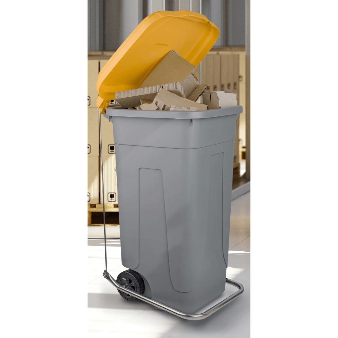 An overfilled RackZone 120L Wheelie Bin with yellow lid and pedal + ring kit.
