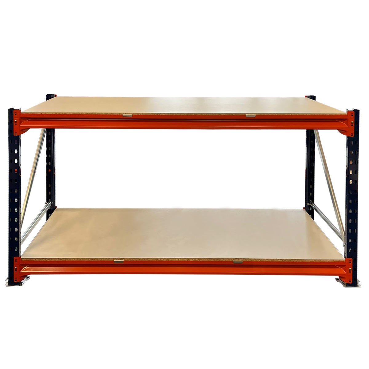 RackZone Industrial Workbench 1500w with 2 timber shelves, front view.