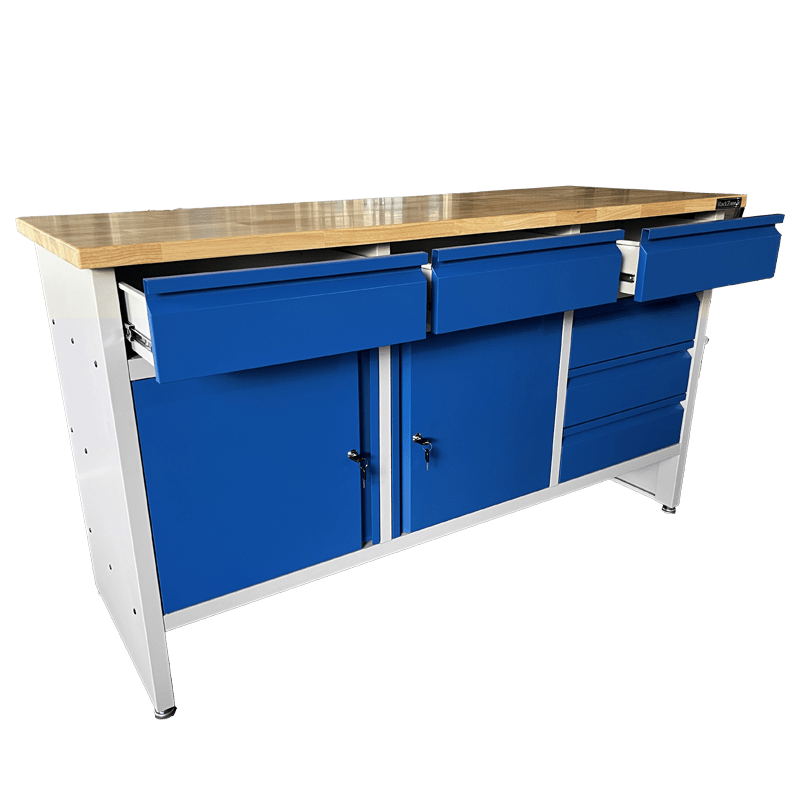RackZone Industrial Workbench 1600W x 900H x 600D in grey/blue with storage.