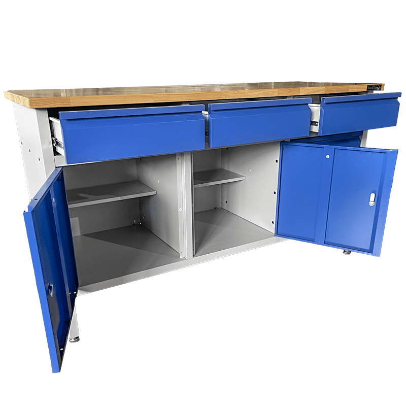 RackZone Industrial Workbench, grey/blue, 1600x900x600mm, drawers & doors.