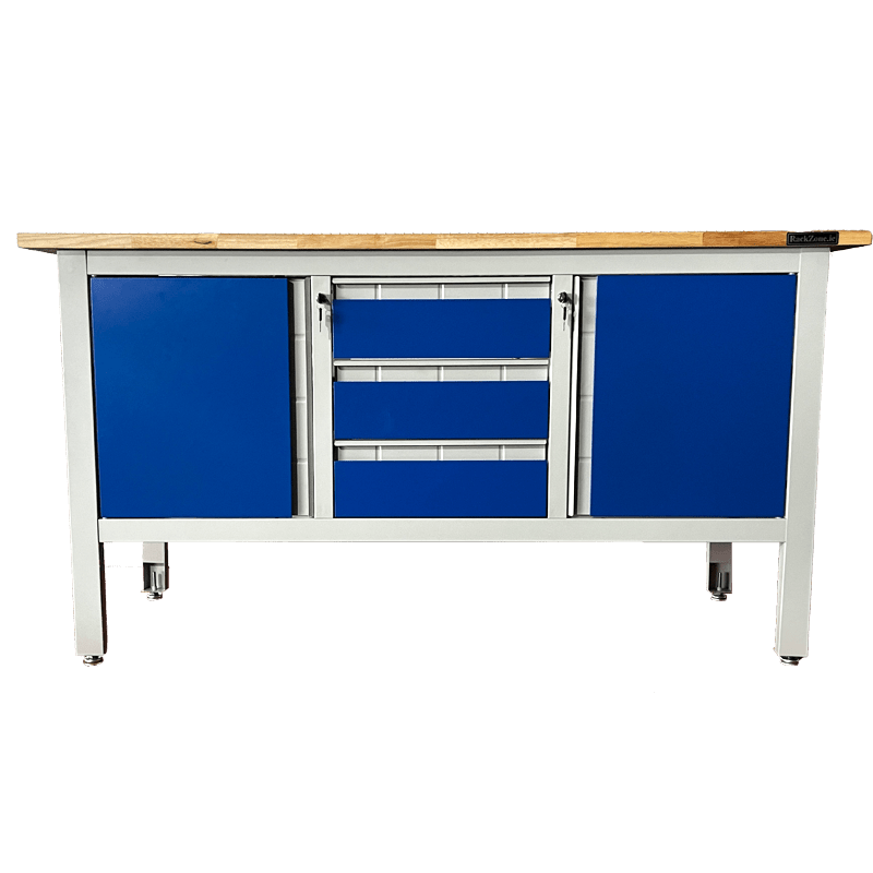 RackZone Industrial Workbench 1690W with blue cabinets and tool drawers.