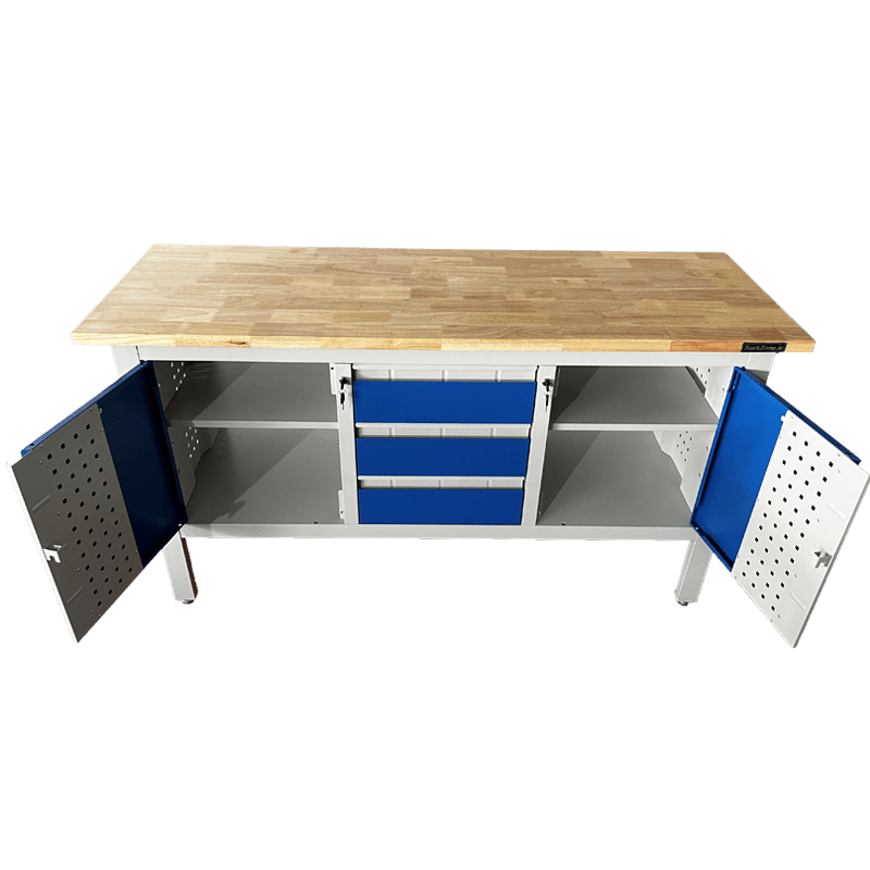 RackZone Industrial Workbench 1690W x 900H x 600D, grey/blue, with tool drawers.