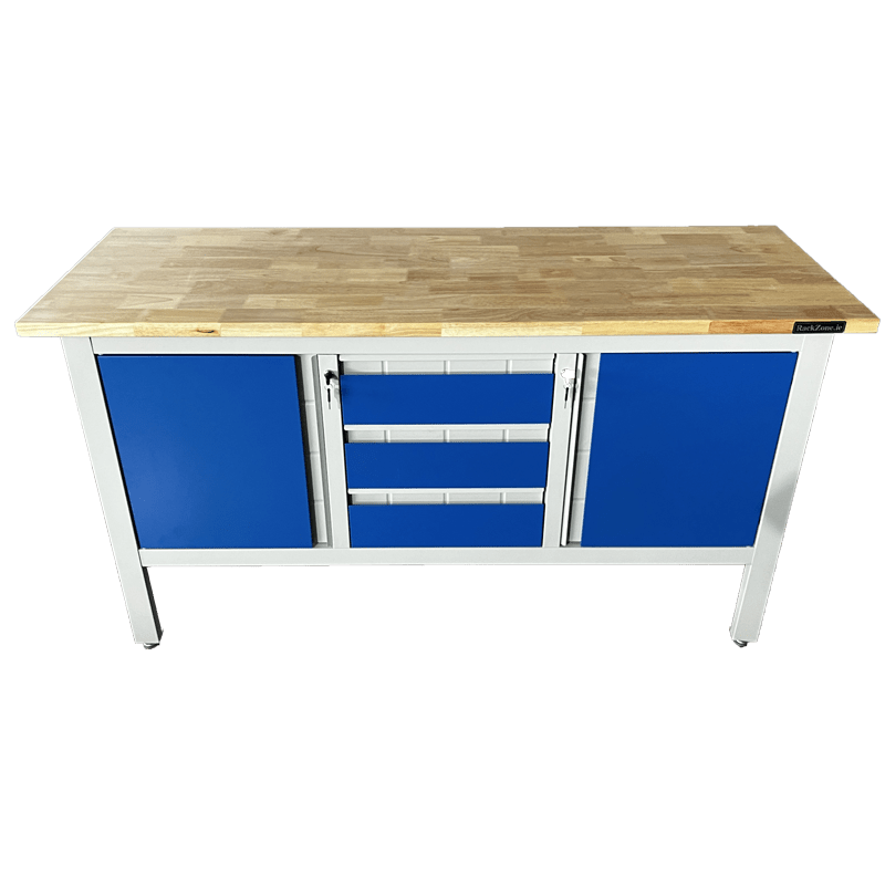 RackZone Industrial Workbench 1690W x 900H x 600D, grey/blue with storage drawers.